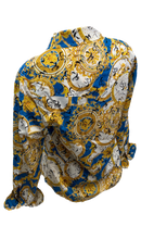 Load image into Gallery viewer, LADIES RODEO WESTERN BLUE BLACK GOLD WHITE Long Sleeve PEARL SNAP UP TWO POCKET Western Cowgirl Shirt
