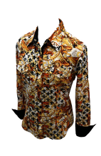 Load image into Gallery viewer, LADIES RODEO WESTERN SHIRTS: FLORAL GOLD BROWN WHITE FOIL PRINT
