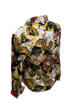 Load image into Gallery viewer, LADIES RODEO WESTERN FLORAL TRIBAL GOLD BLACK RED WHITE FOIL Long Sleeve PEARL SNAP UP TWO POCKET Western Cowgirl Shirt
