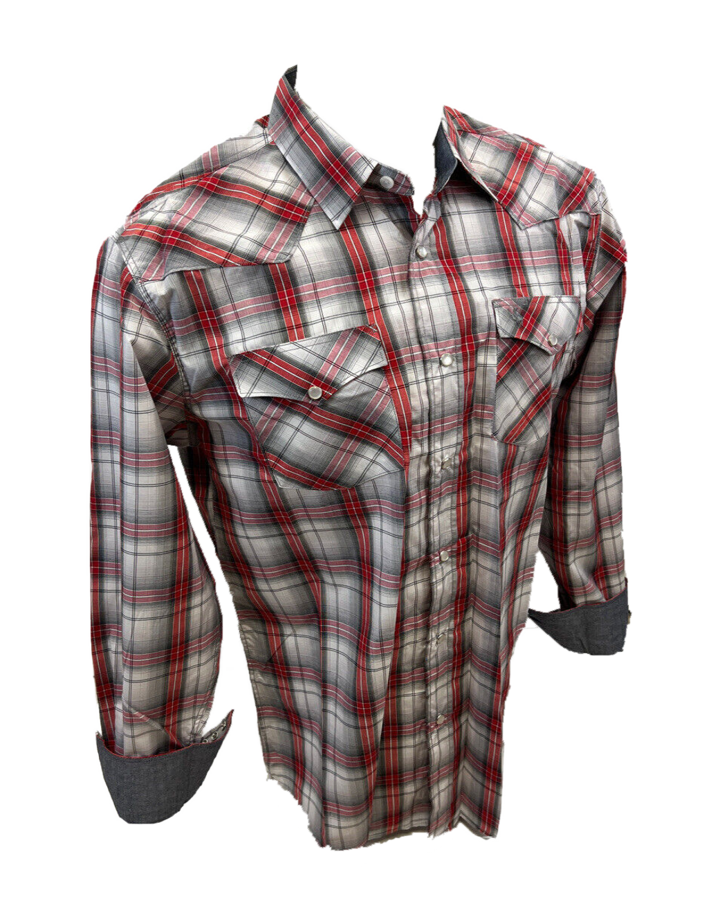 Men's BIG & TALL RODEO WESTERN COUNTRY GREY WHITE RED PLAID PEARL SNAP UP FRONT POCKETS Shirt Cowboy