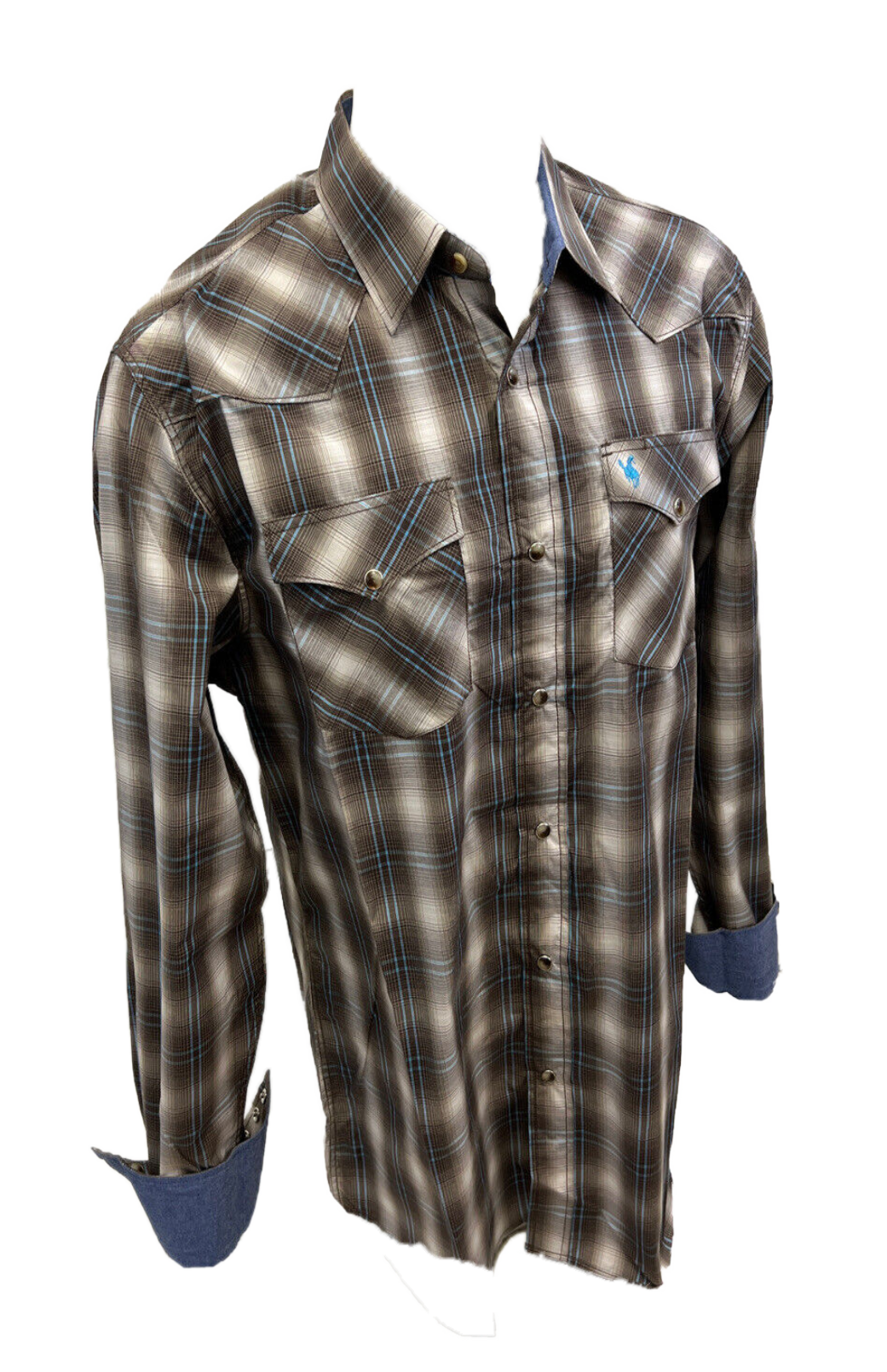 Men's BIG & TALL RODEO WESTERN COUNTRY BROWN BLUE PLAID PEARL SNAP UP FRONT POCKETS Shirt Cowboy