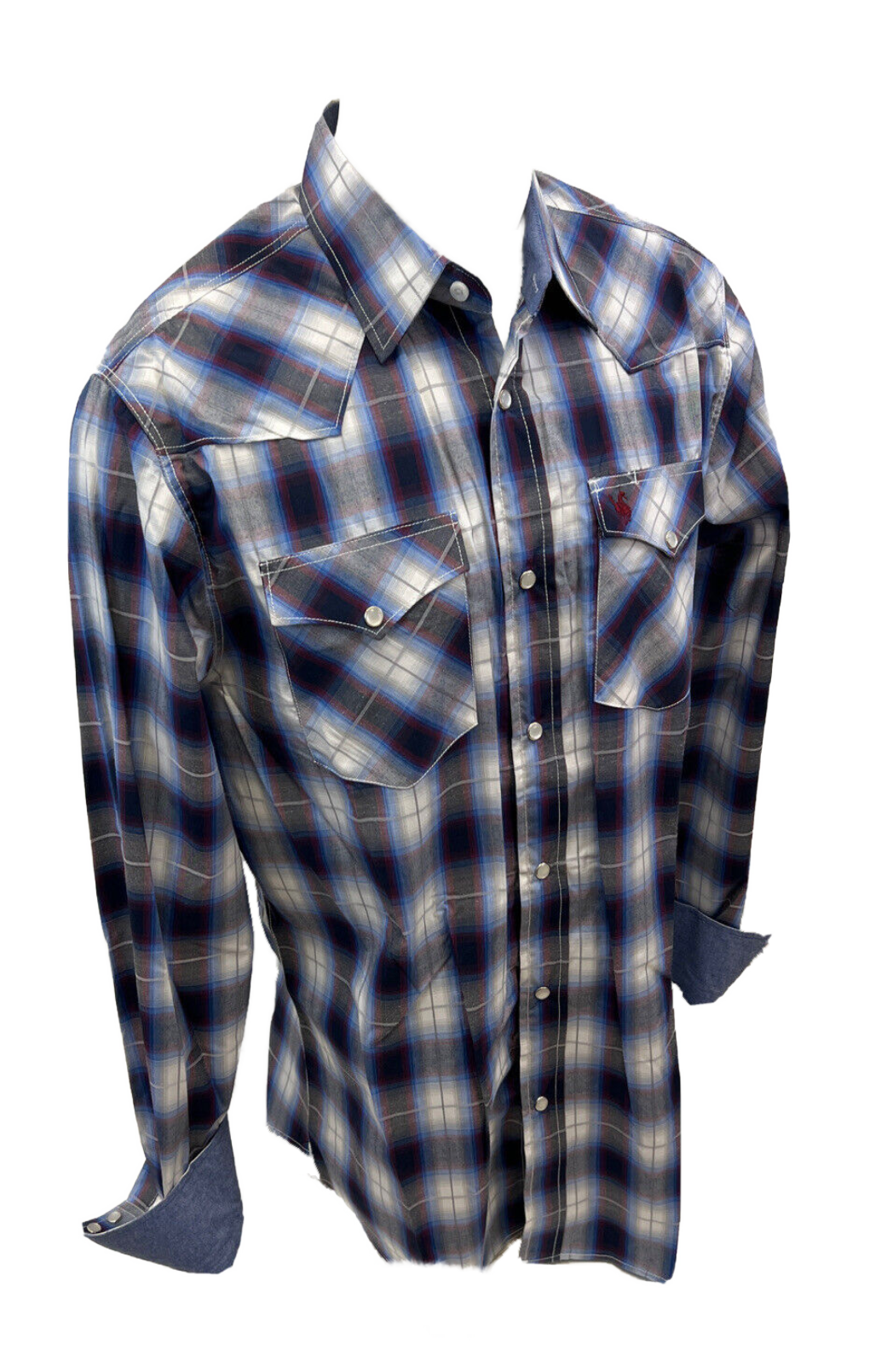 Men's BIG & TALL RODEO WESTERN COUNTRY BLUE BURGUNDY RED WHITE PLAID PEARL SNAP UP FRONT POCKETS Shirt Cowboy
