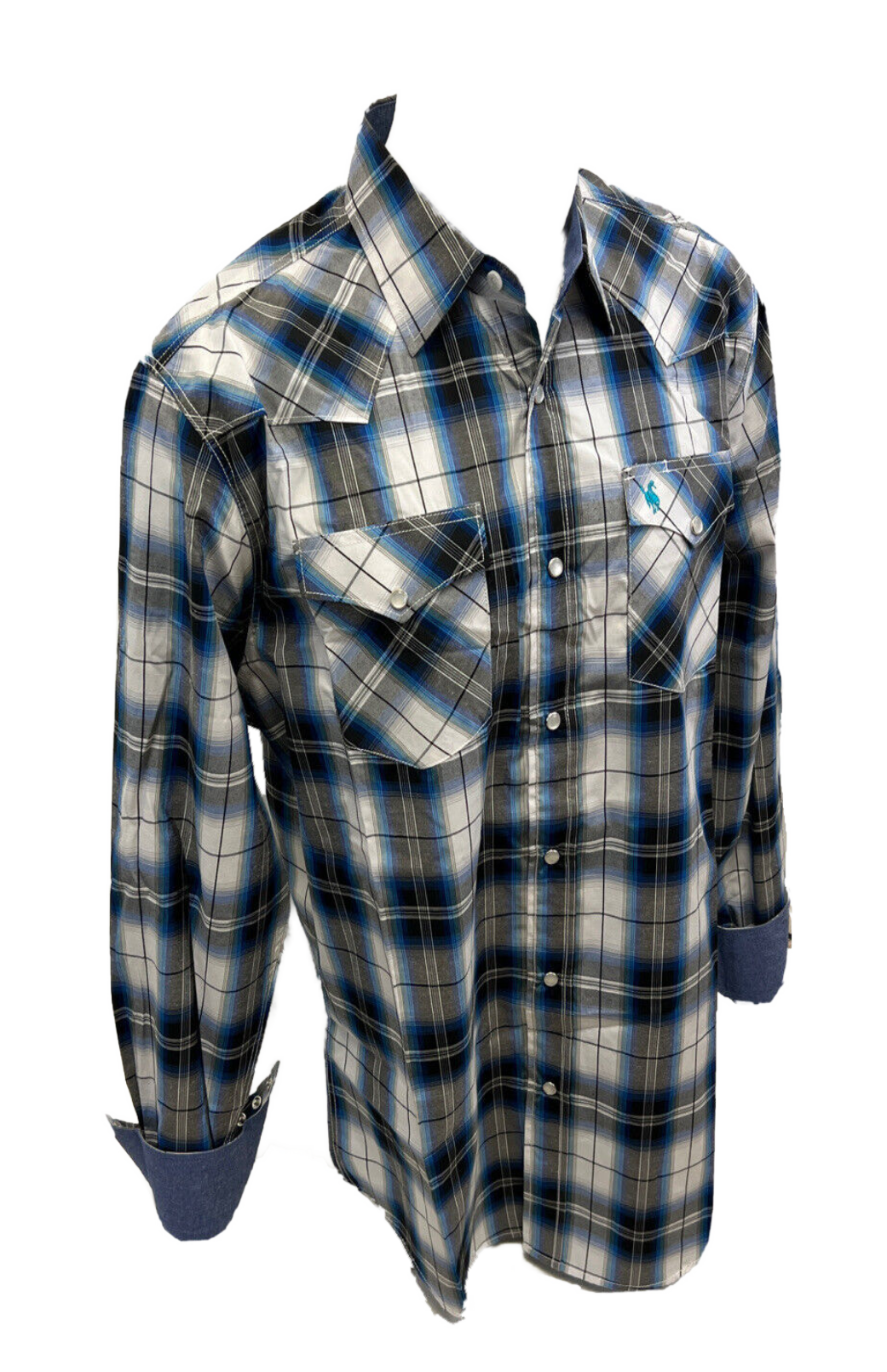 Men's BIG & TALL RODEO WESTERN COUNTRY WHITE BLUE PLAID PEARL SNAP UP FRONT POCKETS Shirt Cowboy