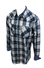 Load image into Gallery viewer, Men&#39;s BIG &amp; TALL RODEO WESTERN COUNTRY WHITE BLUE PLAID PEARL SNAP UP FRONT POCKETS Shirt Cowboy
