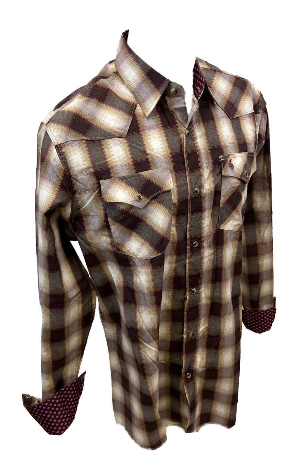 Men's BIG & TALL RODEO WESTERN COUNTRY BURGUNDY RED PLAID PEARL SNAP UP FRONT POCKETS Shirt Cowboy