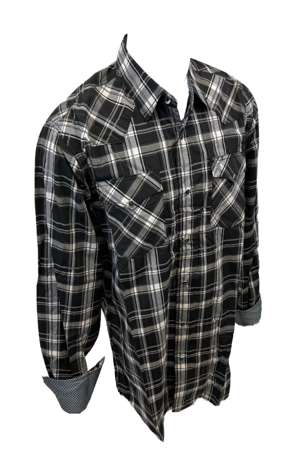 Men's BIG & TALL RODEO WESTERN COUNTRY BLACK WHITE PLAID PEARL SNAP UP FRONT POCKETS Shirt Cowboy