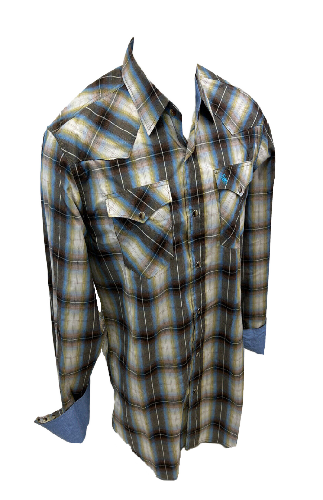 Men's BIG & TALL RODEO WESTERN COUNTRY BROWN BLUE PLAID PEARL SNAP UP FRONT POCKETS Shirt Cowboy