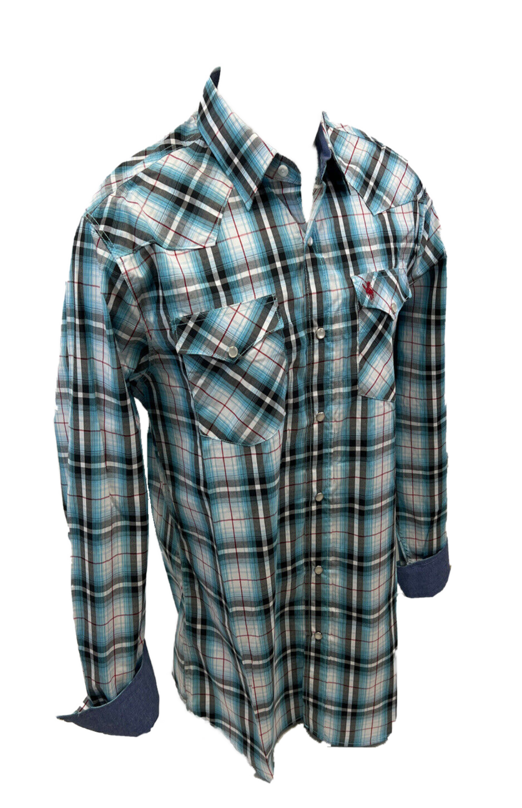Men's BIG & TALL RODEO WESTERN COUNTRY TEAL GREEN WHITE PLAID PEARL SNAP UP FRONT POCKETS Shirt Cowboy