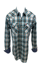 Load image into Gallery viewer, Men&#39;s BIG &amp; TALL RODEO WESTERN COUNTRY TEAL GREEN WHITE PLAID PEARL SNAP UP FRONT POCKETS Shirt Cowboy
