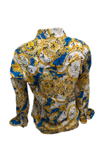 Load image into Gallery viewer, LADIES RODEO WESTERN BLUE BLACK GOLD WHITE Long Sleeve PEARL SNAP UP TWO POCKET Western Cowgirl Shirt
