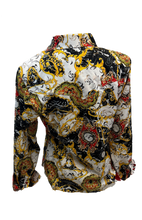 Load image into Gallery viewer, LADIES RODEO WESTERN FLORAL TRIBAL GOLD BLACK RED WHITE FOIL Long Sleeve PEARL SNAP UP TWO POCKET Western Cowgirl Shirt
