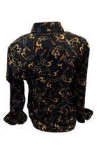 Load image into Gallery viewer, LADIES RODEO WESTERN FLORAL TRIBAL GOLD BLACK FOIL Long Sleeve PEARL SNAP UP TWO POCKET Western Cowgirl Shirt
