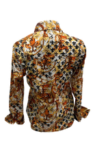 Load image into Gallery viewer, LADIES RODEO WESTERN SHIRTS: FLORAL GOLD BROWN WHITE FOIL PRINT
