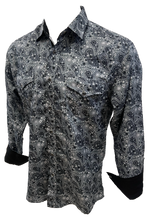 Load image into Gallery viewer, Men&#39;s RODEO WESTERN COUNTRY GREY WHITE PAISLEY SHIRT PEARL SNAP UP BUTTONS COWBOY
