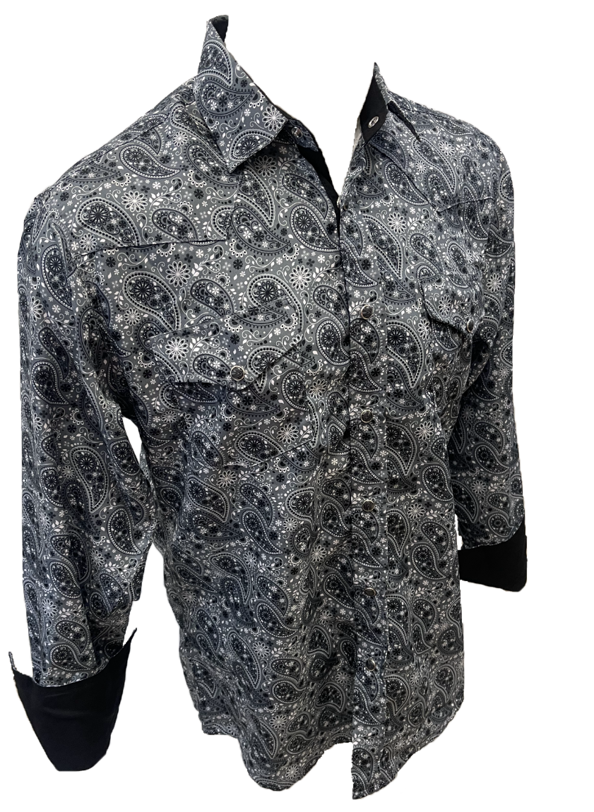 Men's RODEO WESTERN COUNTRY GREY WHITE PAISLEY SHIRT PEARL SNAP UP BUTTONS COWBOY