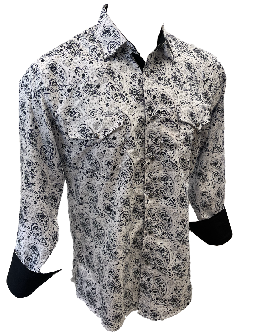 Men's RODEO WESTERN COUNTRY WHITE BLACK PAISLEY SHIRT PEARL SNAP UP BUTTONS COWBOY