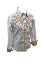 Load image into Gallery viewer, LADIES RODEO WESTERN FLORAL WHITE GOLD TRIBAL STITCH Long Sleeve PEARL SNAP UP Western Cowgirl Shirt
