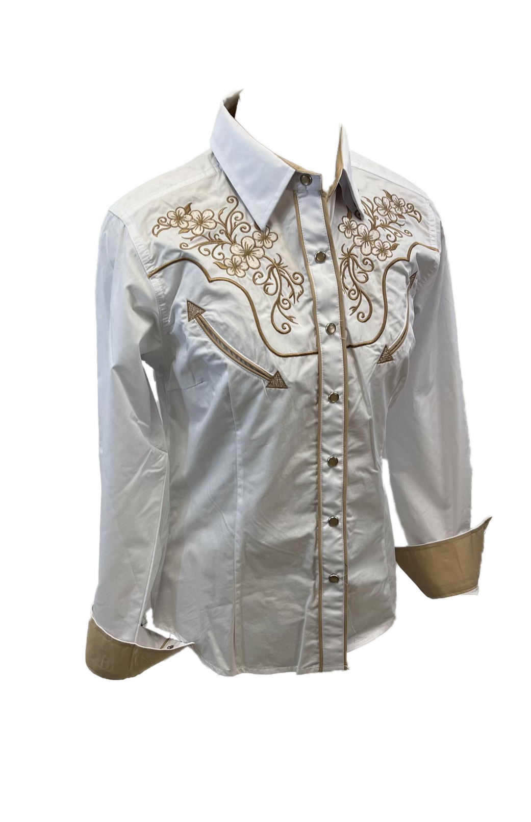 LADIES RODEO WESTERN FLORAL WHITE GOLD TRIBAL STITCH Long Sleeve PEARL SNAP UP Western Cowgirl Shirt