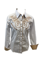 Load image into Gallery viewer, LADIES RODEO WESTERN FLORAL WHITE GOLD TRIBAL STITCH Long Sleeve PEARL SNAP UP Western Cowgirl Shirt
