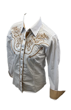 Load image into Gallery viewer, LADIES RODEO WESTERN FLORAL WHITE GOLD TRIBAL STITCH Long Sleeve PEARL SNAP UP Western Cowgirl Shirt
