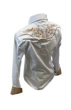 Load image into Gallery viewer, LADIES RODEO WESTERN FLORAL WHITE GOLD TRIBAL STITCH Long Sleeve PEARL SNAP UP Western Cowgirl Shirt
