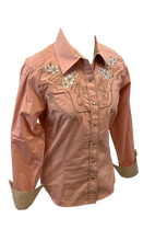 Load image into Gallery viewer, LADIES RODEO WESTERN FLORAL PINK WHITE TRIBAL STITCH Long Sleeve PEARL SNAP UP Western Cowgirl Shirt
