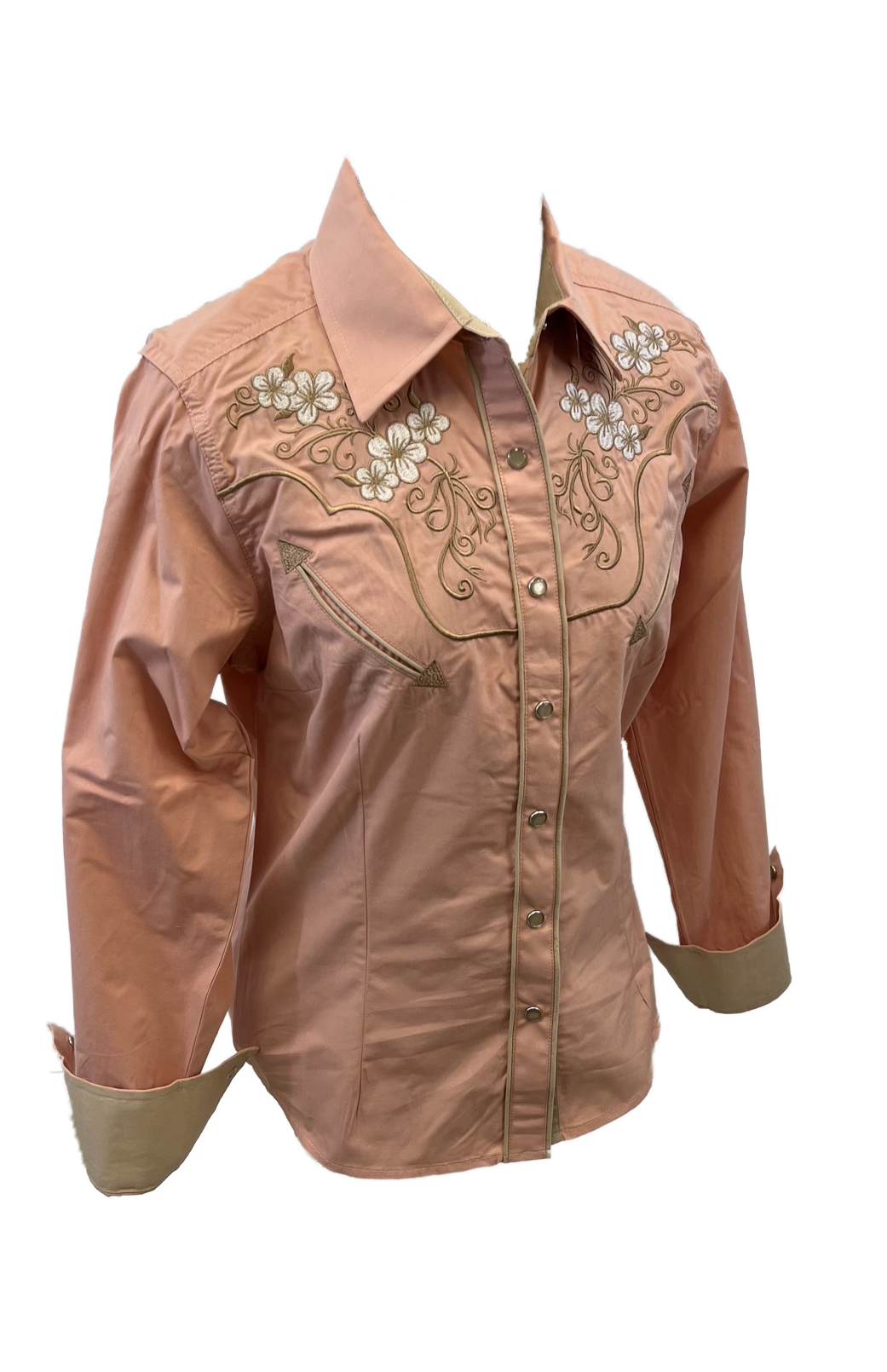LADIES RODEO WESTERN FLORAL PINK WHITE TRIBAL STITCH Long Sleeve PEARL SNAP UP Western Cowgirl Shirt