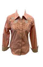 Load image into Gallery viewer, LADIES RODEO WESTERN FLORAL PINK WHITE TRIBAL STITCH Long Sleeve PEARL SNAP UP Western Cowgirl Shirt
