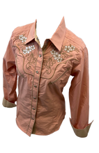 Load image into Gallery viewer, LADIES RODEO WESTERN FLORAL PINK WHITE TRIBAL STITCH Long Sleeve PEARL SNAP UP Western Cowgirl Shirt
