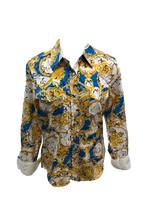 Load image into Gallery viewer, LADIES RODEO WESTERN BLUE BLACK GOLD WHITE Long Sleeve PEARL SNAP UP TWO POCKET Western Cowgirl Shirt
