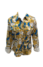 Load image into Gallery viewer, LADIES RODEO WESTERN SHIRTS: BLUE BLACK GOLD WHITE PRINT

