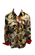 Load image into Gallery viewer, LADIES RODEO WESTERN FLORAL TRIBAL GOLD BLACK RED WHITE FOIL Long Sleeve PEARL SNAP UP TWO POCKET Western Cowgirl Shirt

