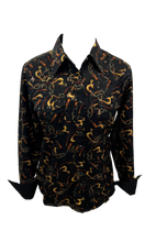 Load image into Gallery viewer, LADIES RODEO WESTERN FLORAL TRIBAL GOLD BLACK FOIL Long Sleeve PEARL SNAP UP TWO POCKET Western Cowgirl Shirt
