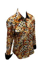 Load image into Gallery viewer, LADIES RODEO WESTERN SHIRTS: FLORAL GOLD BROWN WHITE FOIL PRINT
