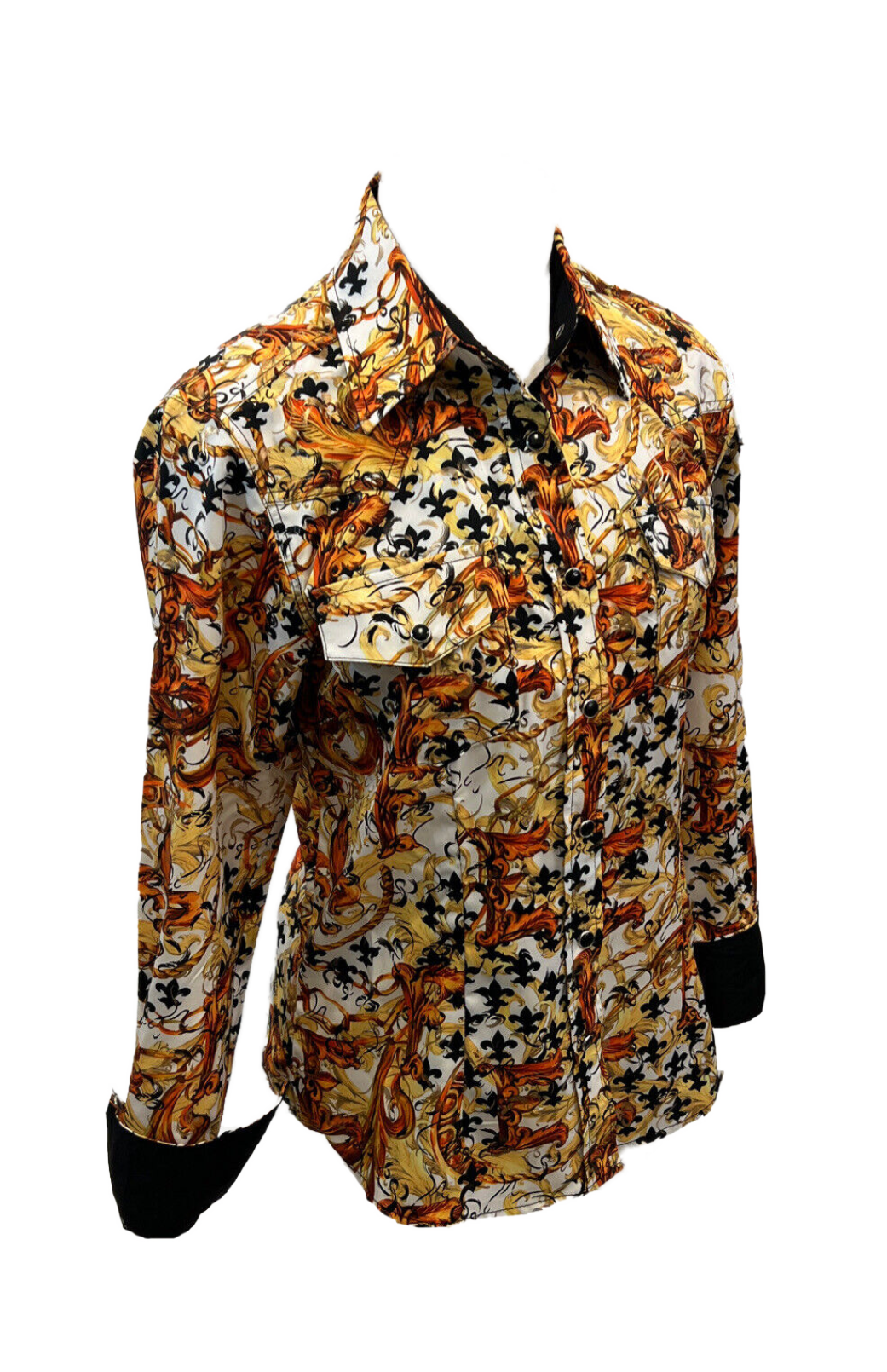 LADIES RODEO WESTERN SHIRTS: FLORAL GOLD BROWN WHITE FOIL PRINT