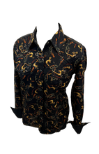 Load image into Gallery viewer, LADIES RODEO WESTERN FLORAL TRIBAL GOLD BLACK FOIL Long Sleeve PEARL SNAP UP TWO POCKET Western Cowgirl Shirt
