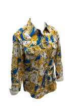 Load image into Gallery viewer, LADIES RODEO WESTERN BLUE BLACK GOLD WHITE Long Sleeve PEARL SNAP UP TWO POCKET Western Cowgirl Shirt
