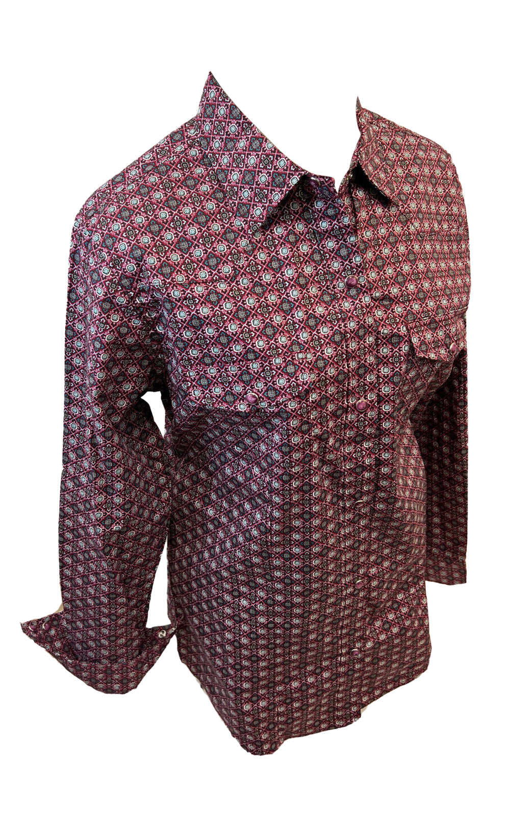 LADIES RODEO WESTERN SHIRTS: BURGUNDY RED GEOMETRIC SHAPES