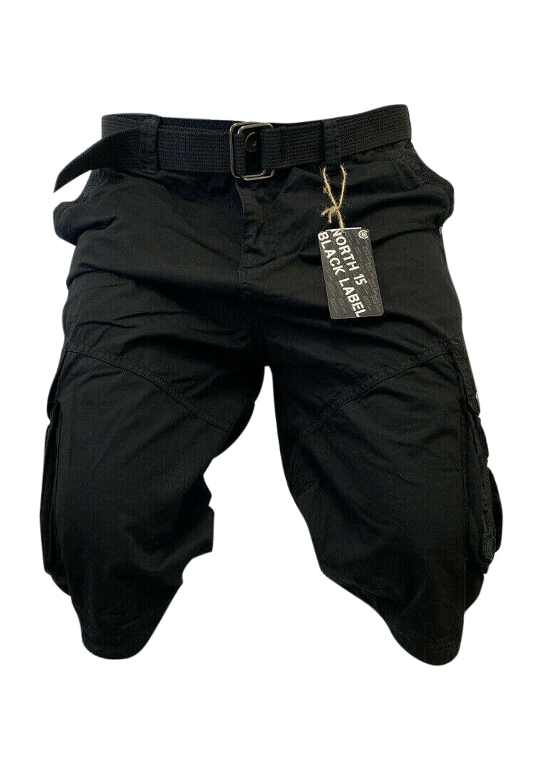 Mens Jet Black Cargo Shorts with Adjustable Belt