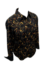 Load image into Gallery viewer, LADIES RODEO WESTERN FLORAL TRIBAL GOLD BLACK FOIL Long Sleeve PEARL SNAP UP TWO POCKET Western Cowgirl Shirt
