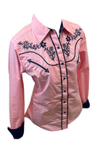 Load image into Gallery viewer, LADIES BUCKEROO SHIRTS: PINK NAVY BLUE FLORAL STITCH PEARL SNAP
