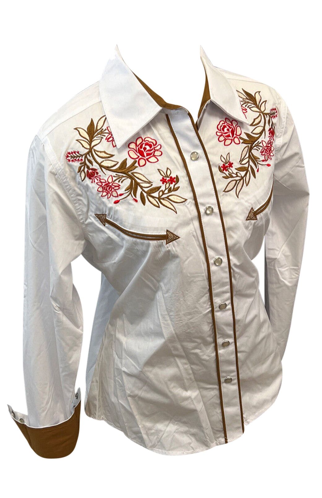 LADIES BUCKEROO SHIRTS: WHITE RED FLORAL STITCH PEARL SNAP