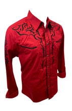 Load image into Gallery viewer, RODEO WESTERN SHIRTS: RED TRIBAL BLACK STITCH
