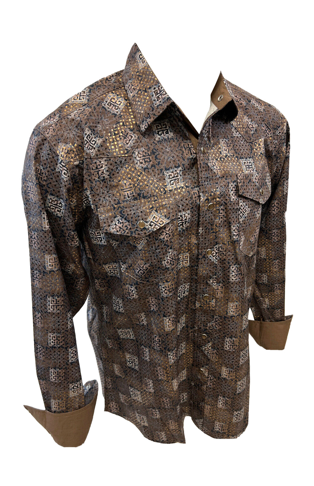 Men RODEO WESTERN COUNTRY BROWN GOLD PAISLEY FLORAL SNAP UP BUTTON DOWN SHIRT