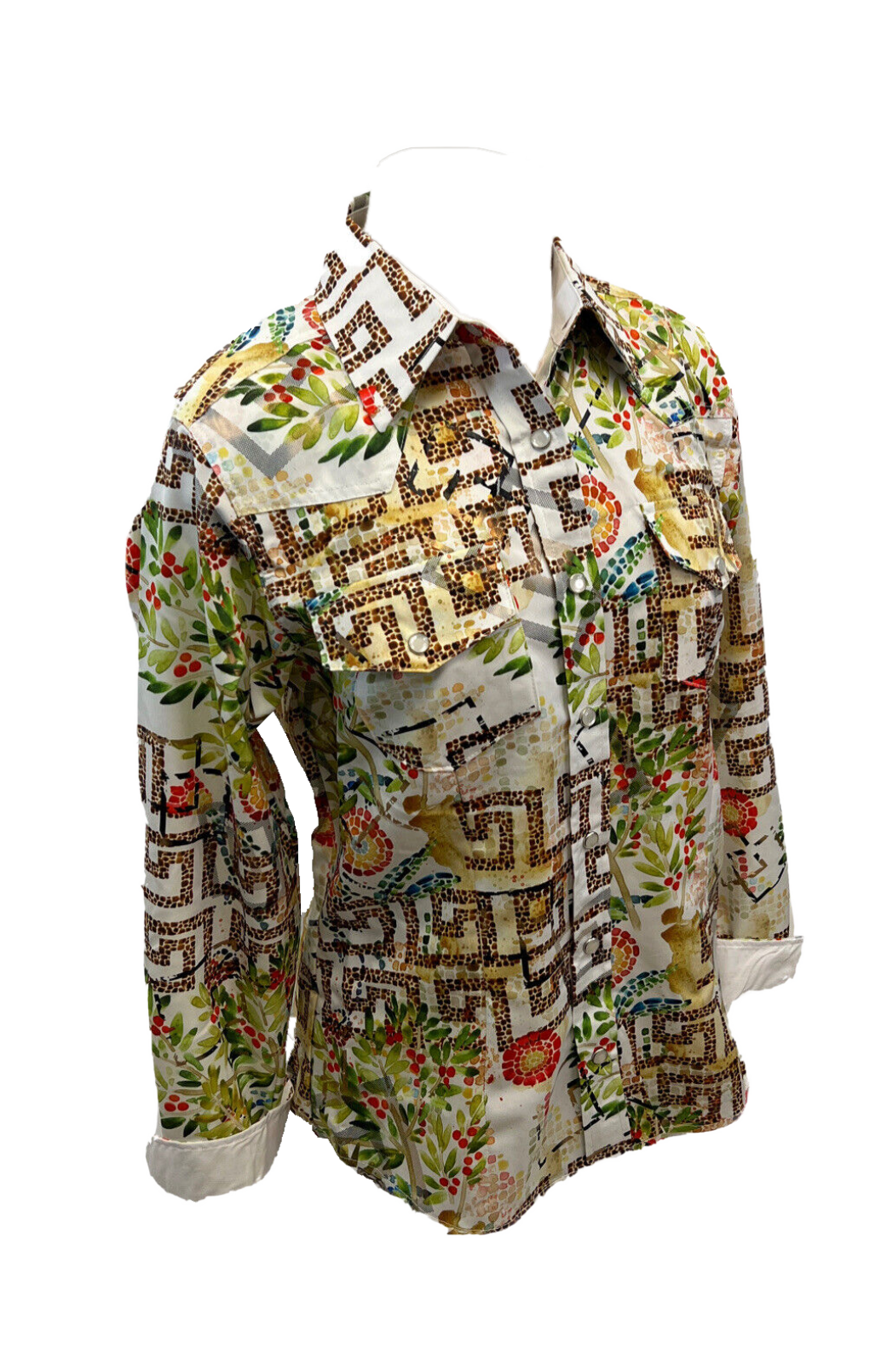 LADIES RODEO WESTERN JUNGLE GREEN BROWN WHITE Long Sleeve PEARL SNAP UP TWO POCKET Western Cowgirl Shirt