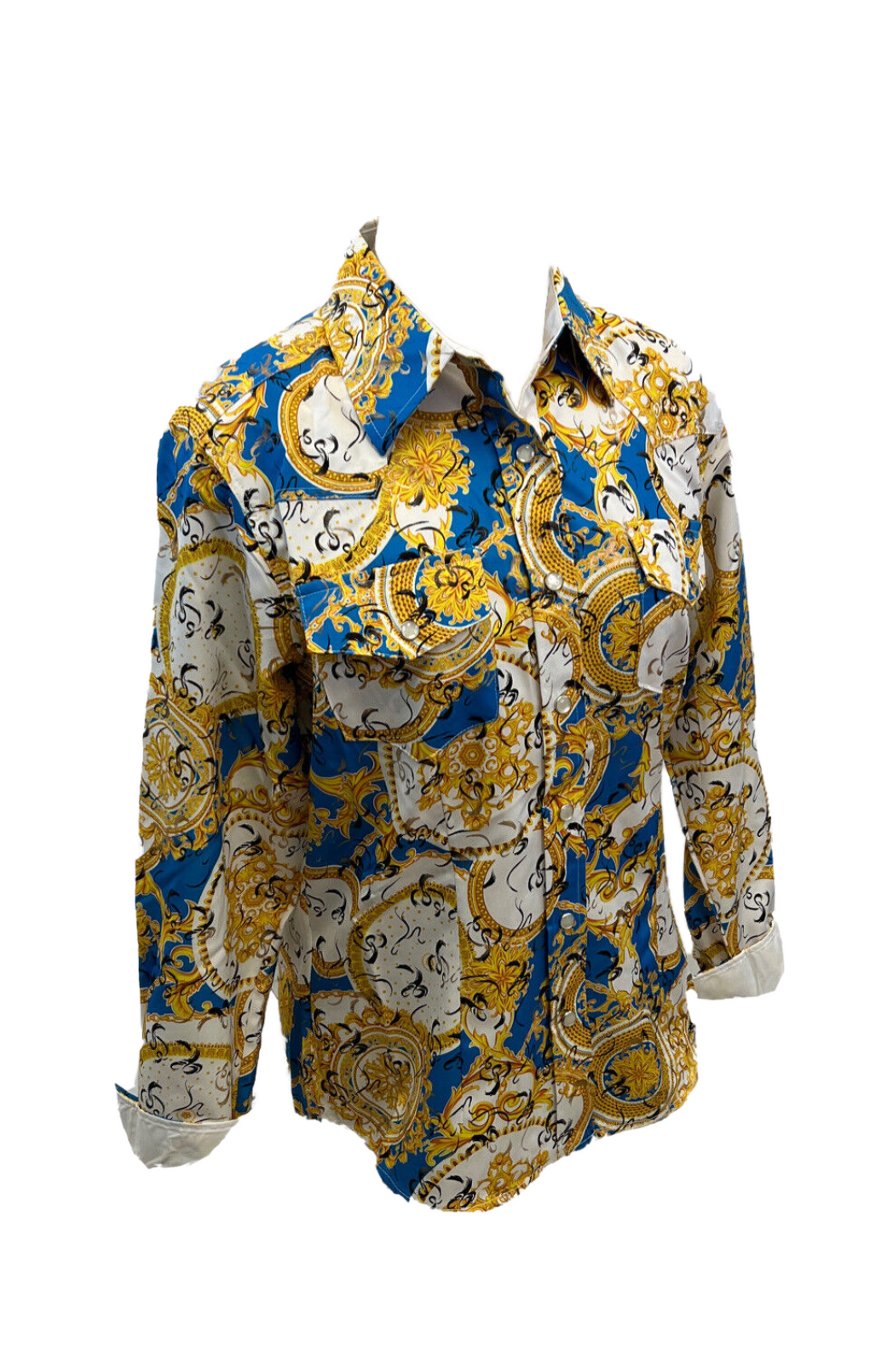 LADIES RODEO WESTERN BLUE BLACK GOLD WHITE Long Sleeve PEARL SNAP UP TWO POCKET Western Cowgirl Shirt