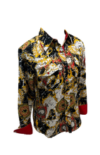 Load image into Gallery viewer, LADIES RODEO WESTERN FLORAL TRIBAL GOLD BLACK RED WHITE FOIL Long Sleeve PEARL SNAP UP TWO POCKET Western Cowgirl Shirt
