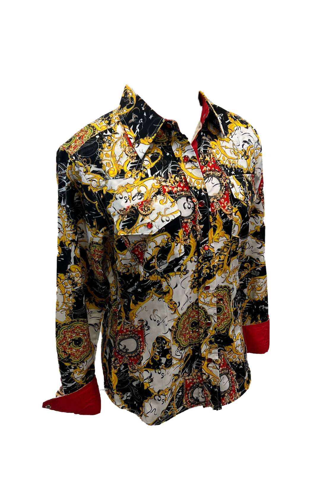 LADIES RODEO WESTERN FLORAL TRIBAL GOLD BLACK RED WHITE FOIL Long Sleeve PEARL SNAP UP TWO POCKET Western Cowgirl Shirt