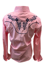 Load image into Gallery viewer, LADIES BUCKEROO SHIRTS: PINK NAVY BLUE FLORAL STITCH PEARL SNAP
