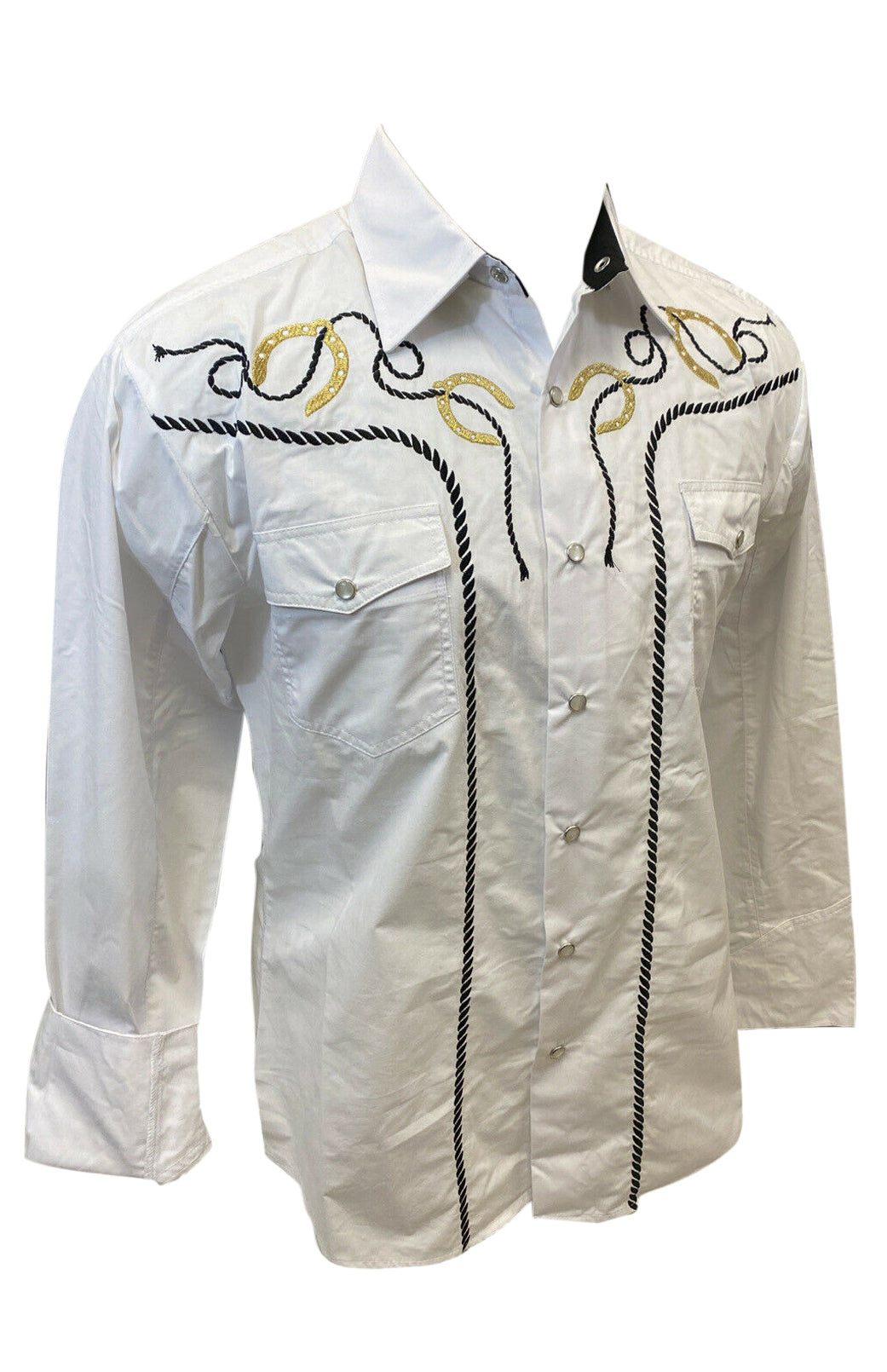 Men RODEO WESTERN COUNTRY WHITE GOLD BLACK ROPE HORSESHOE TRIBAL LUCKY LASSO Shirt Cowboy